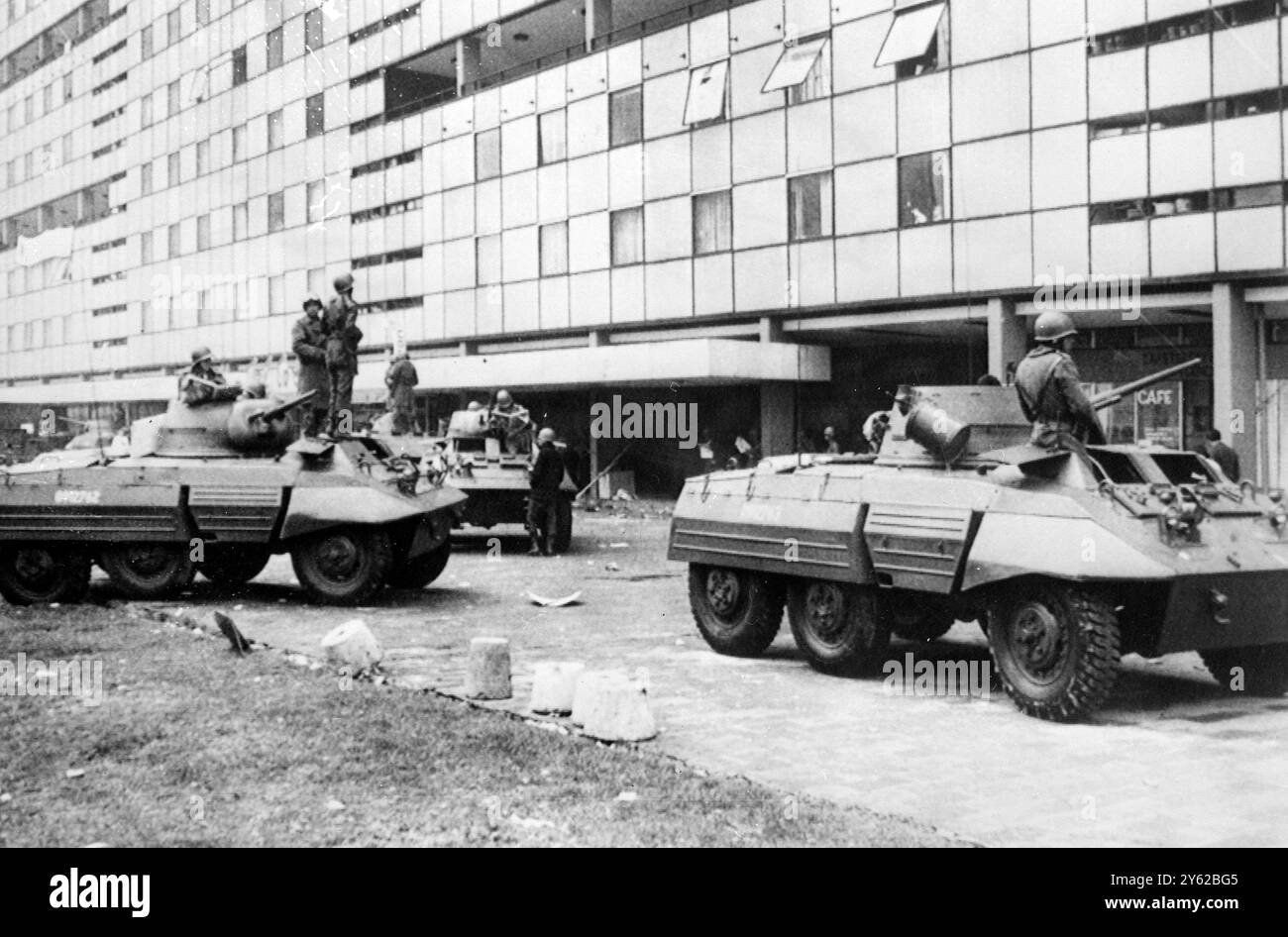 Mexico City Troops in armoured cars patrolling the Tlatelolco Plaza .  struggle against the Government of President Ordaz .  riot cast a shadow over the 1968 Olympic Games scheduled to open here 12 October .  4th October 1968 Stock Photo