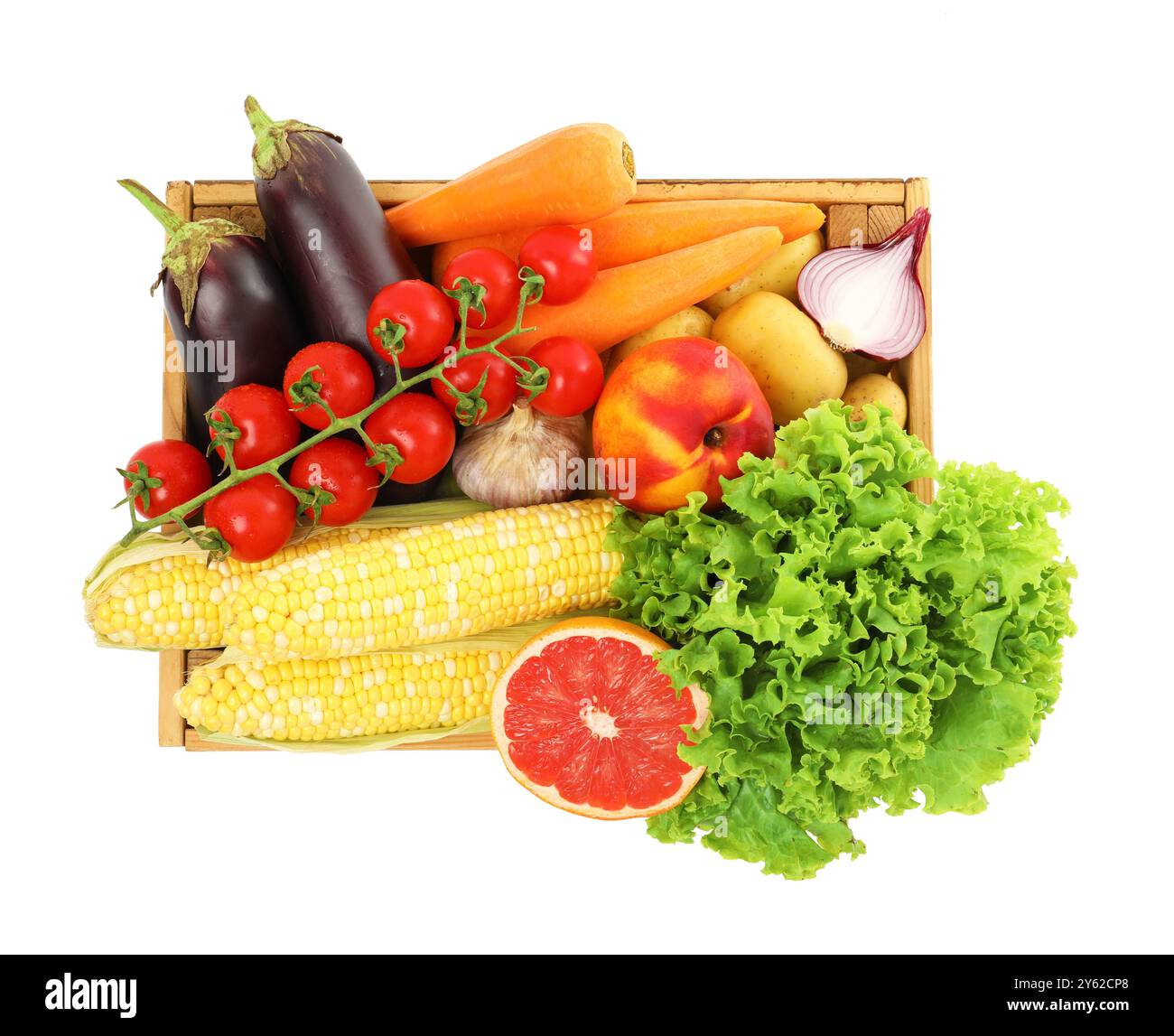 Different fresh vegetables and fruits in wooden crate isolated on white ...