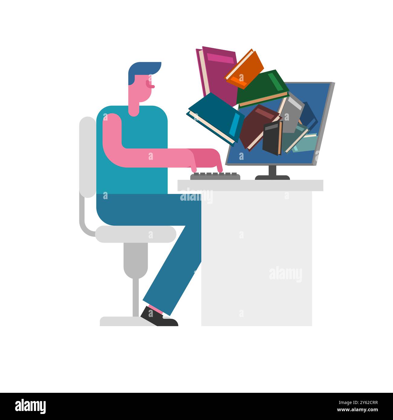 Computer Image With Books Online library. Books fly out of computer monitor. pile of books in ...