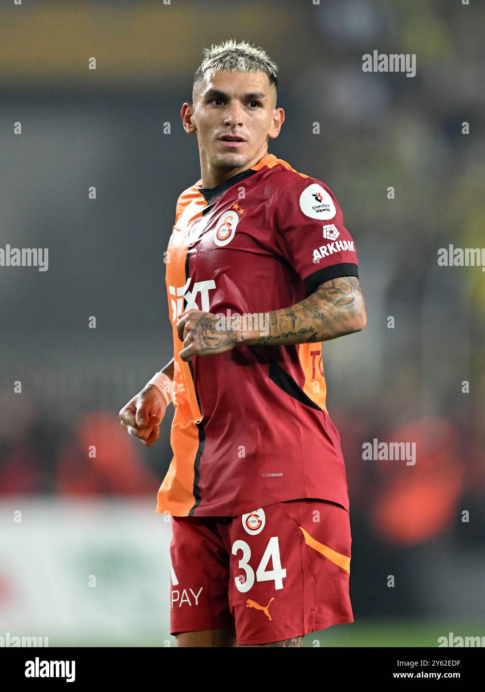 ISTANBUL - Lucas Torreira of Galatasaray SK during the Turkish Superlig match between Fenerbahce AS and Galatasaray SK at Ulker Stadium on Sept. 21, 2024 in Istanbul, Turkey. ANP | Hollandse Hoogte | Gerrit van Keulen Stock Photo