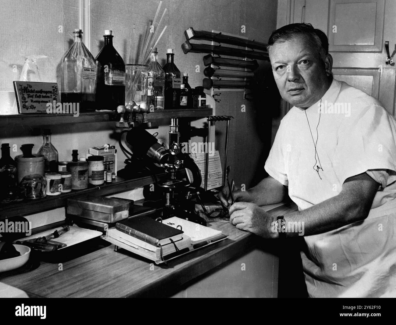 Dr Werner Forssmann 52 year old German surgeon and urinologist who with Professor Andre F Cournand of the Columbia College of Physicians and Surgeons and Professor Dickinson W Richards also of Columbia has won the 1956 Nobel Medicine Prize. Three of the world's outstanding heart specialists, they are jointly awarded the prize for their discoveries concerning heart catherization and pathological changes in the circulatory system. Forssmann invented the heart catheter on which he started work in 1939  Bad Kreuznach, Germany  October 18th 1956 Stock Photo