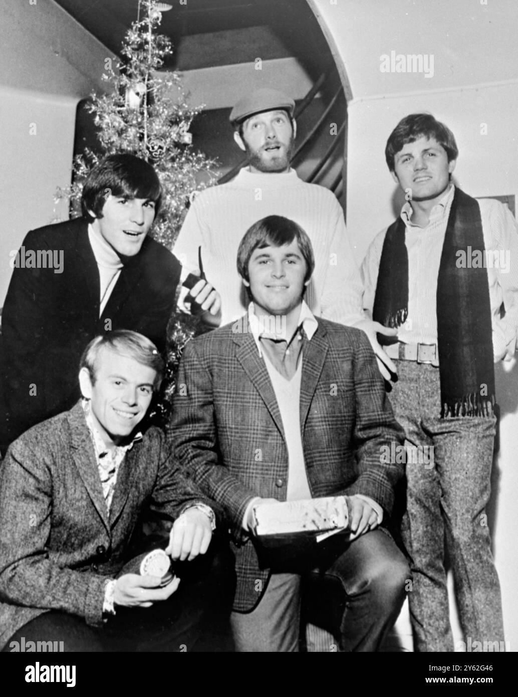 The Beach Boys who are currently on tour in Britain 13 december 1966  Standing at back Dennis Wilson , Mike Love , Bruce Johnston and left to right at front Al Jardine and Carl Wilson Stock Photo