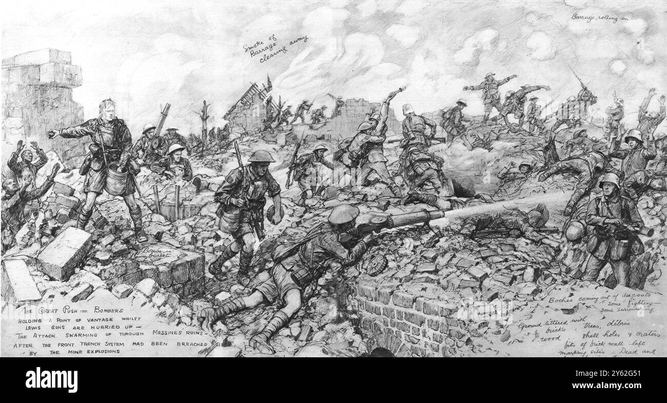 The infantry in the battle of messines: Bombers and lewis gunners at close quarters with the enemy: after the British mines had breached the German froknt line: Bombers holding a point of vantage at Messines whilst Lewis guns are hurried up. 23 June 1917 Stock Photo