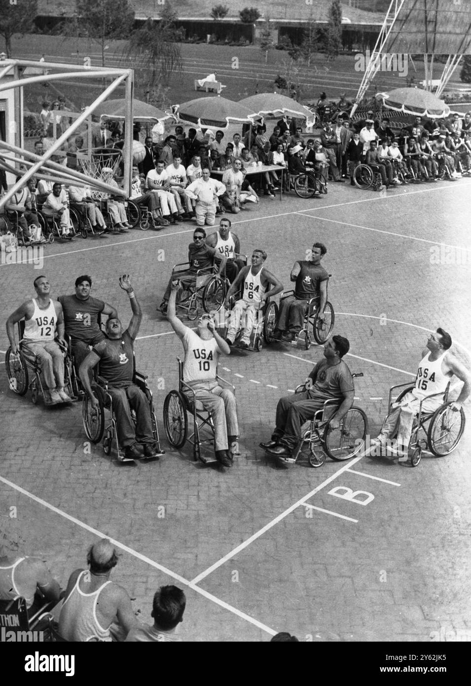 Rome: Pictured in action during the basketball game between the US and Israel part of the International Games for paraplegics. In Rome on September 20th. The ninth games for the paralysed (which this year for the first time are patterned after the real Olympic Games) take place in Rome on the site of the 19th Olympiad, with some four hundred wheelchair men and women from twenty two countries participating. The next games will be held in tokyo, after Olympics. 29th September 1960 Stock Photo