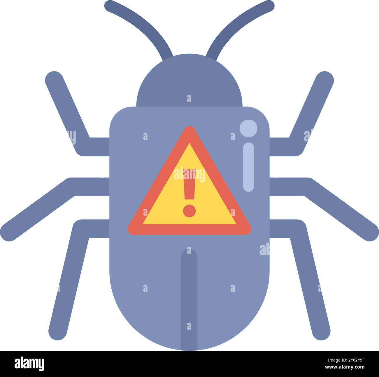Stylized computer bug is showing a warning sign on a screen, a possible security breach Stock Vector