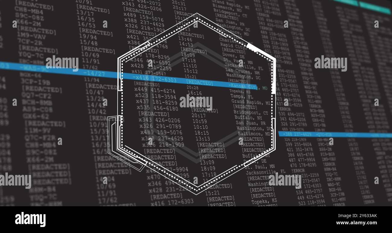 Hexagonal shape over redacted data and coding image Stock Photo