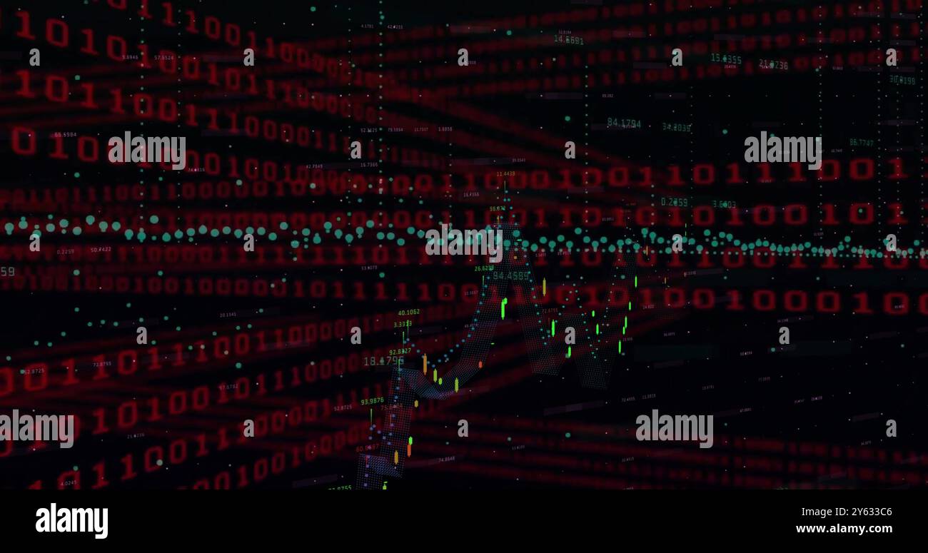 Image of binary coding data processing over grid on dark background Stock Photo