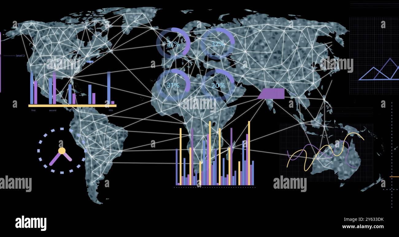 Image of data processing and world map over black background Stock ...