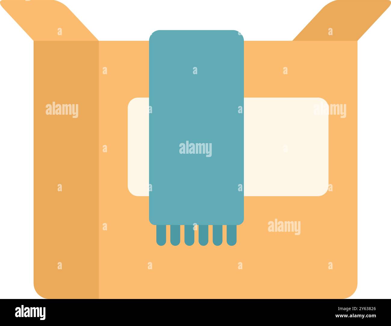 Open cardboard box with a warm scarf inside for donation concept Stock Vector