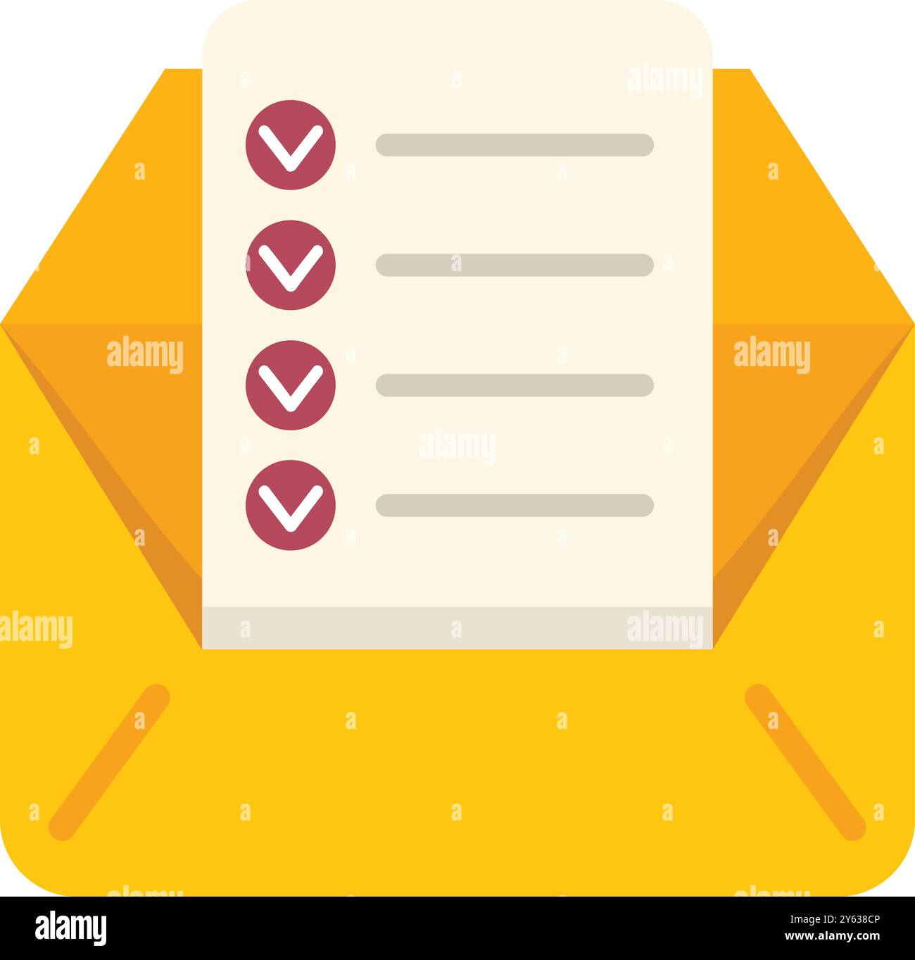 Open yellow envelope containing a checklist with marked checkboxes represents sending important documents or information Stock Vector