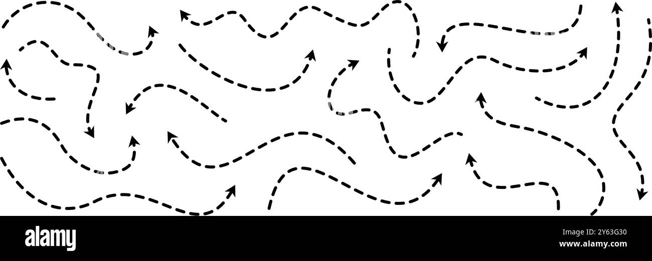 Black dotted arrows set. Wavy curved dashed arrow collection. Sketched ...