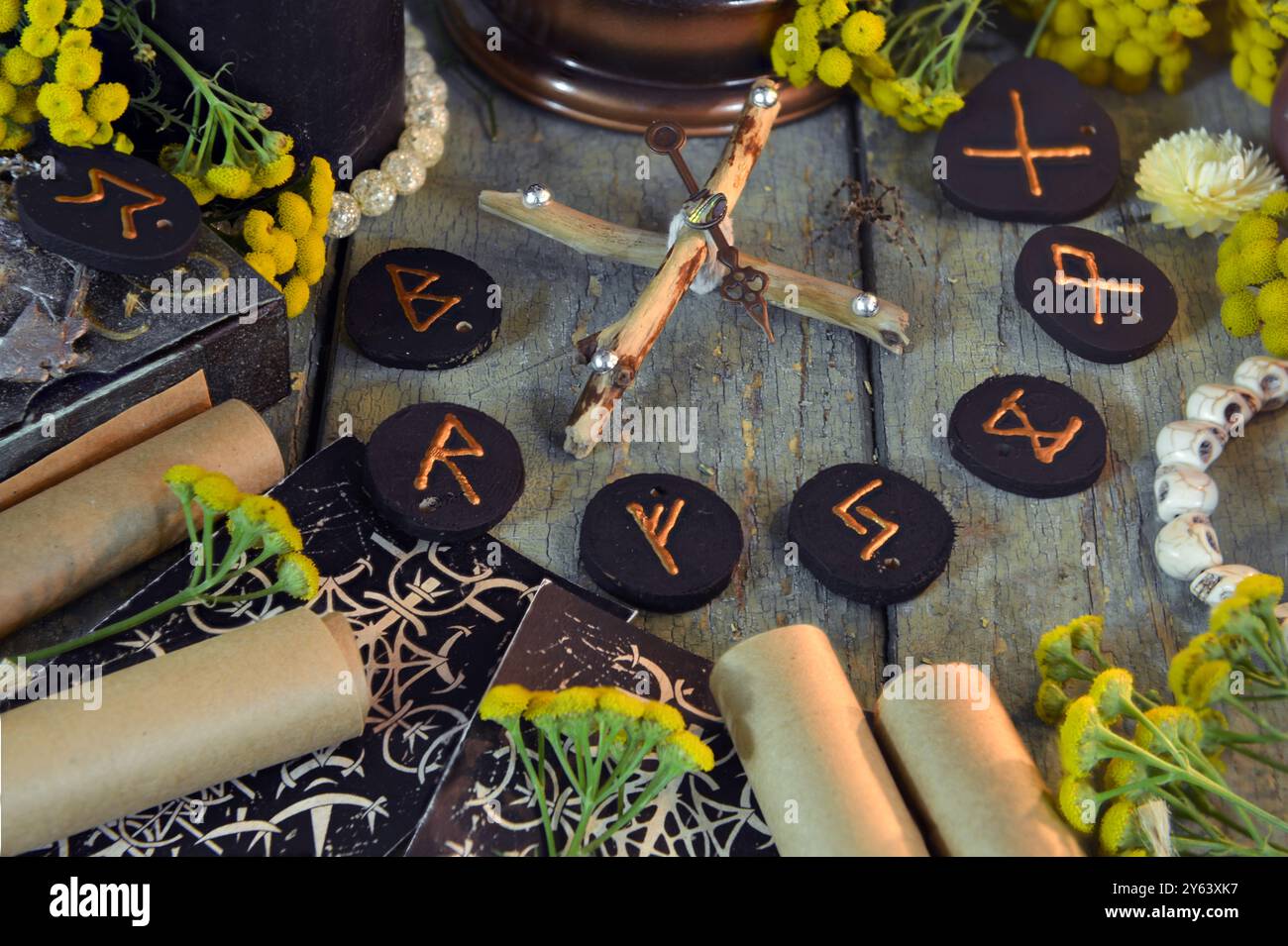Mystic still life with old scrolls, black runes and witchy ritual ...
