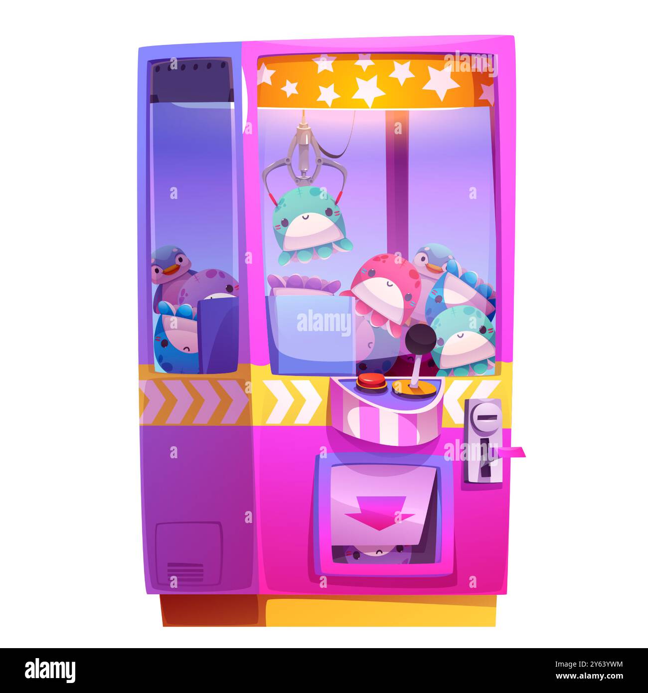 Vending claw machine with toys isolated on white background. Vector cartoon illustration of bright illuminated pink box with robotic grabber catching cute kawaii penguins and octopus, amusement park Stock Vector