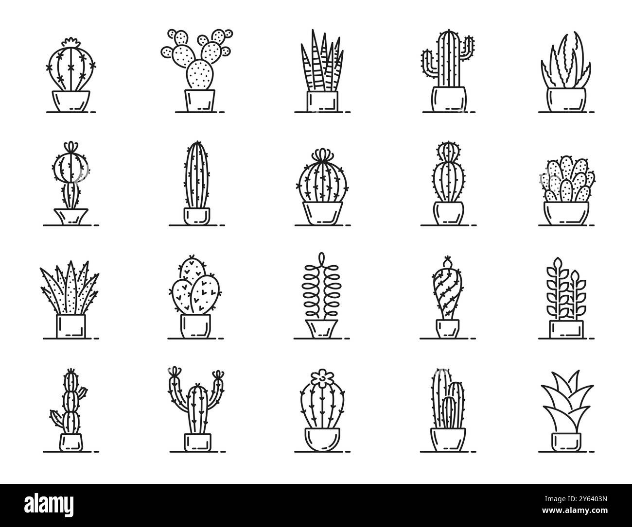 Cactus succulent line icons. Vector set of linear potted desert plants like barrel and prickly pear cactus, sansevieria snake plant, saguaro and aloe vera. Totem pole, ball, mammillaria and echeveria Stock Vector