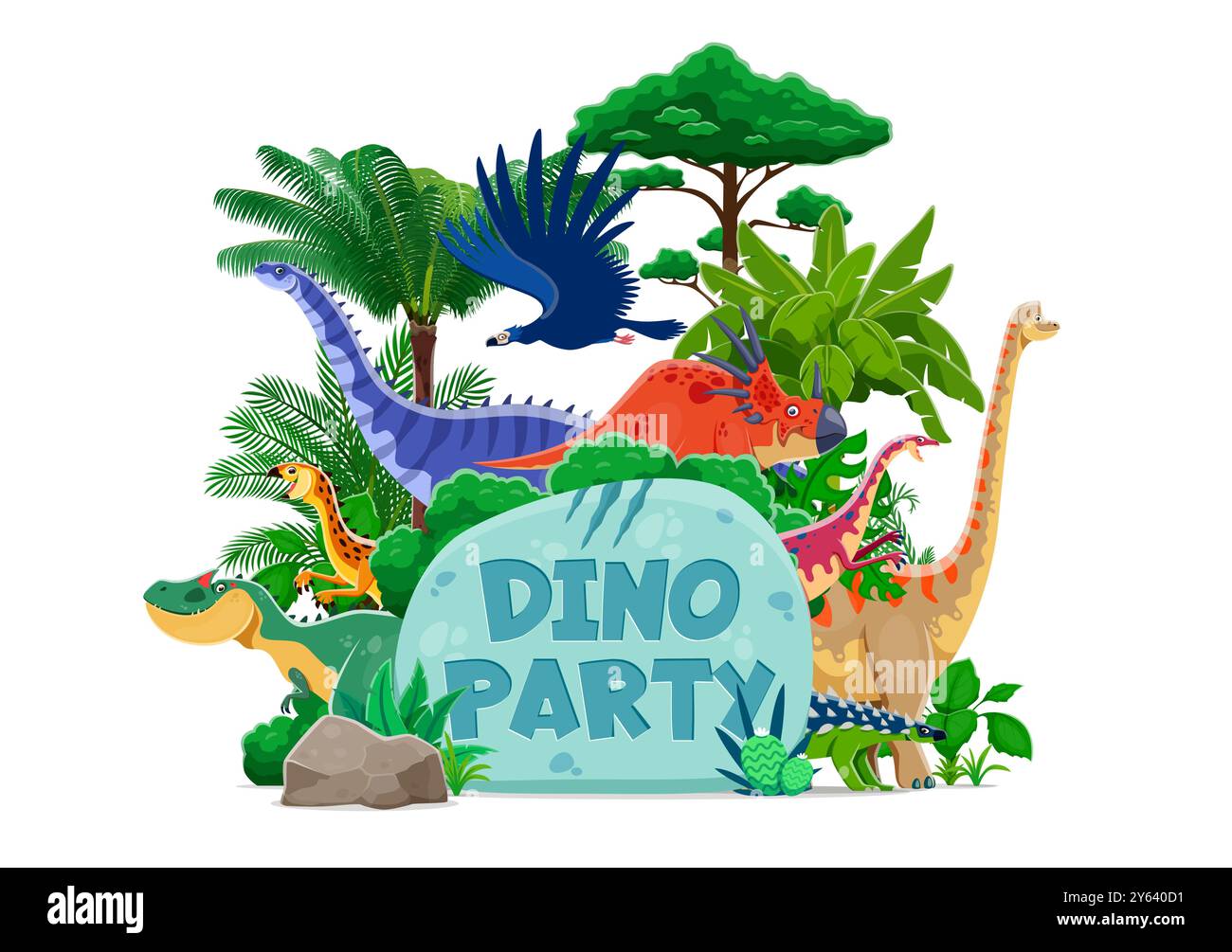 Dino party cover with cartoon prehistoric dinosaurs for kids entertainment event, vector background. Dino party invitation flyer, banner or poster wit Stock Vector