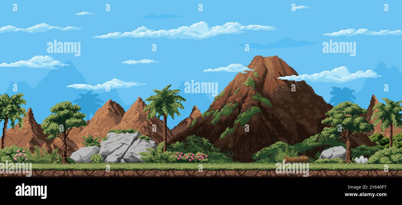 8 bit pixel art arcade game prehistoric landscape of jungle forest with ...