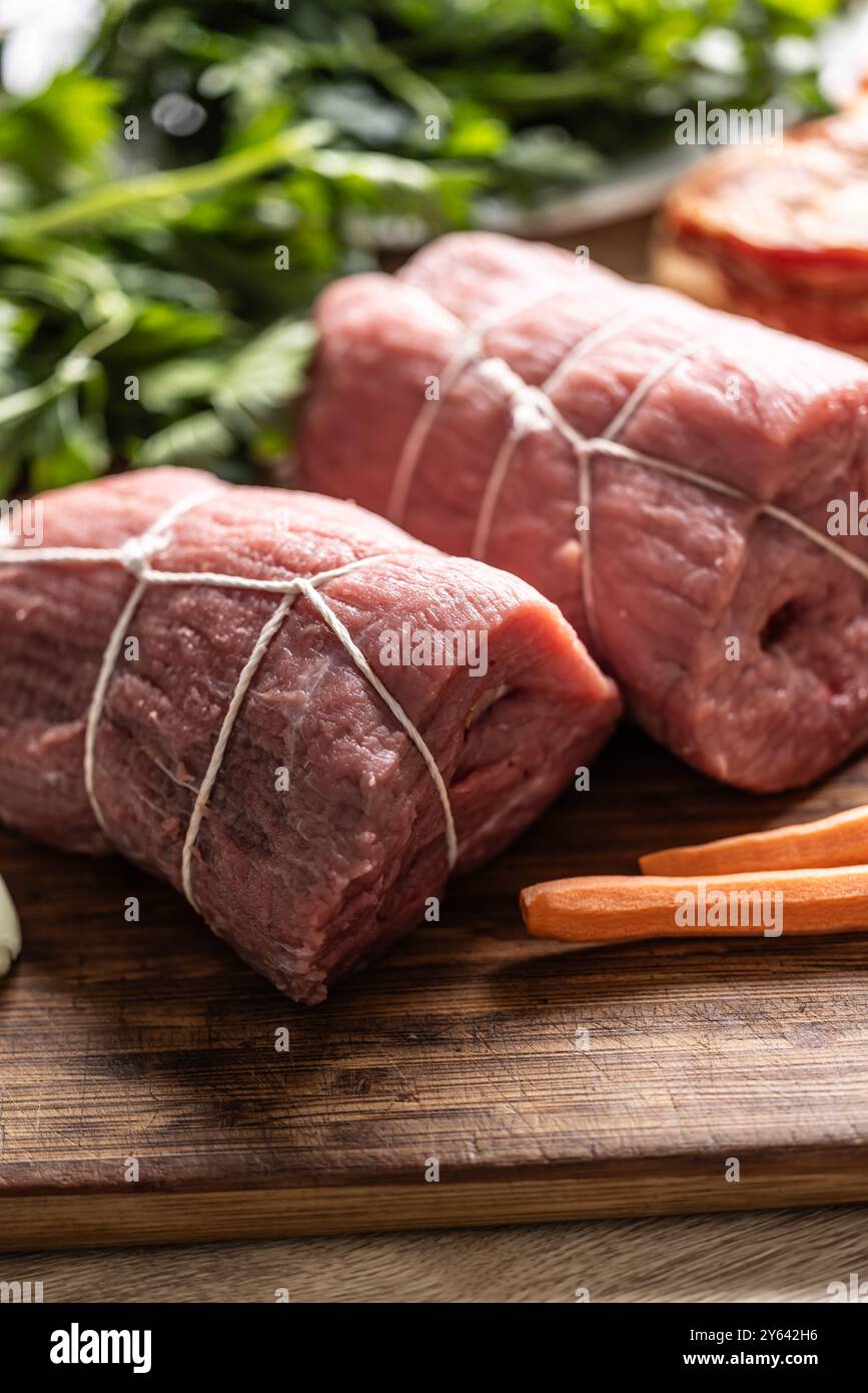 Raw beef sirloin prepared for processing the Czech national dish - Sirloin on cream. Stock Photo