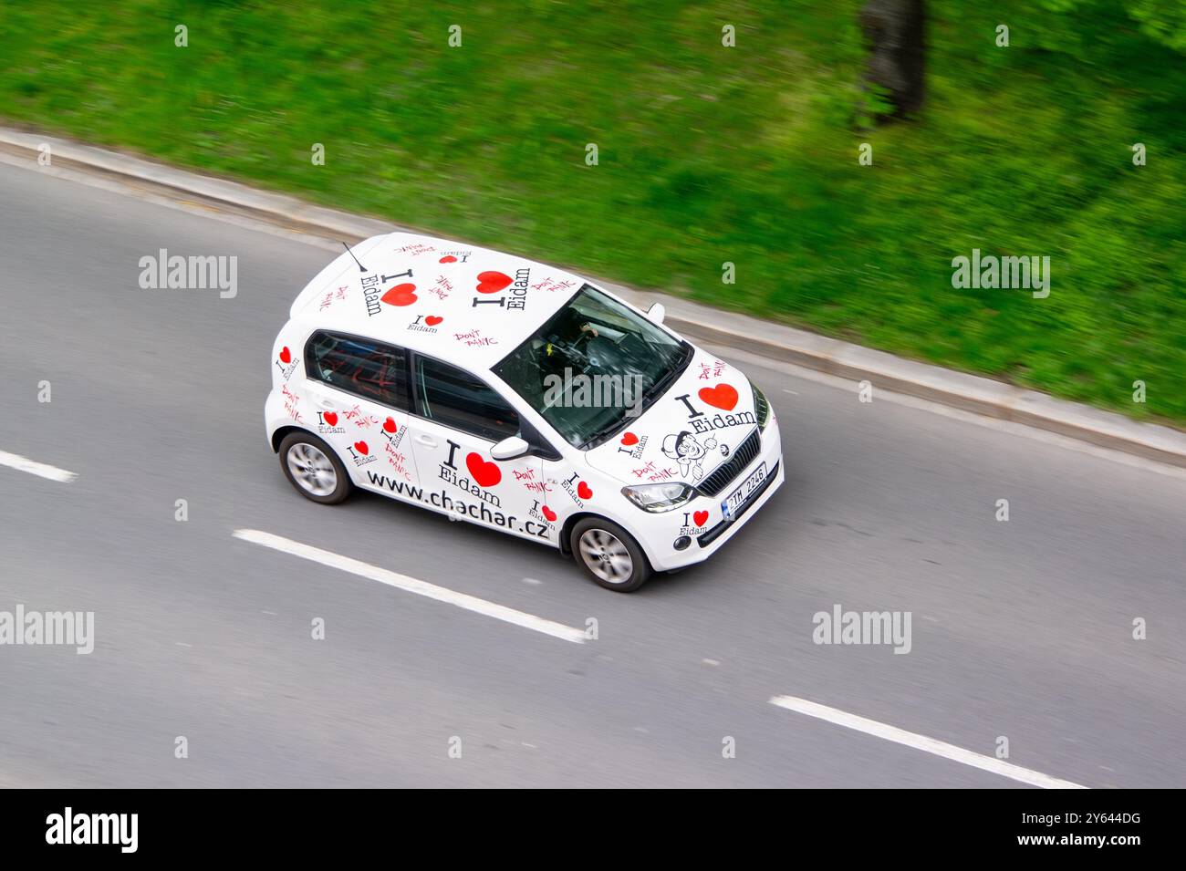 OSTRAVA, CZECHIA - APRIL 10, 2024: White Skoda Citigo car Chachar pizza ...