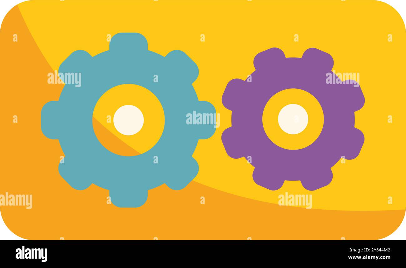 Two colorful gears interlocking representing teamwork on a yellow background Stock Vector