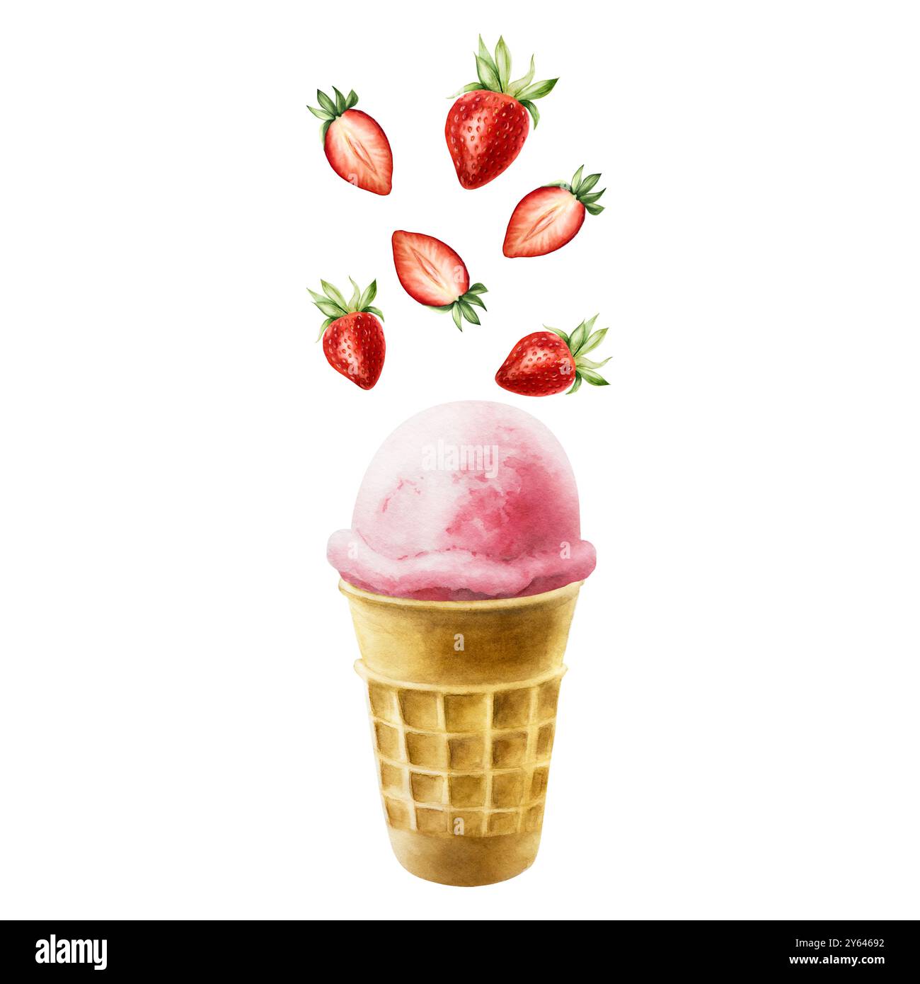 Strawberry ice cream with flying berries in crispy waffle cone. Hand ...