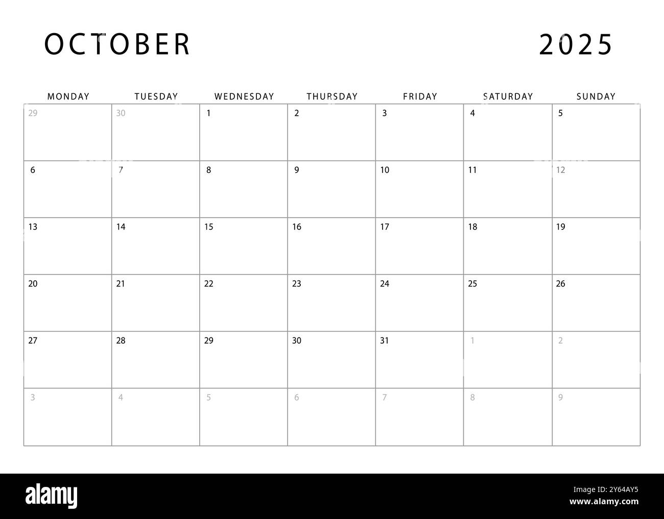 October 2025 calendar. Monthly planner template. Monday start. Vector design Stock Vector Image