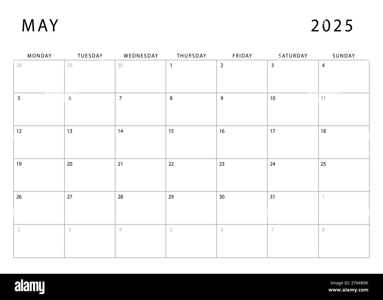 May 2025 calendar. Monthly planner template. Monday start. Vector design Stock Vector Image