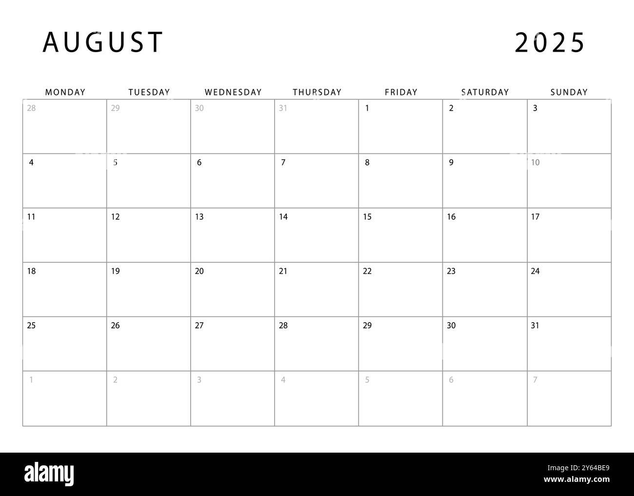 August 2025 calendar. Monthly planner template. Monday start. Vector design Stock Vector Image