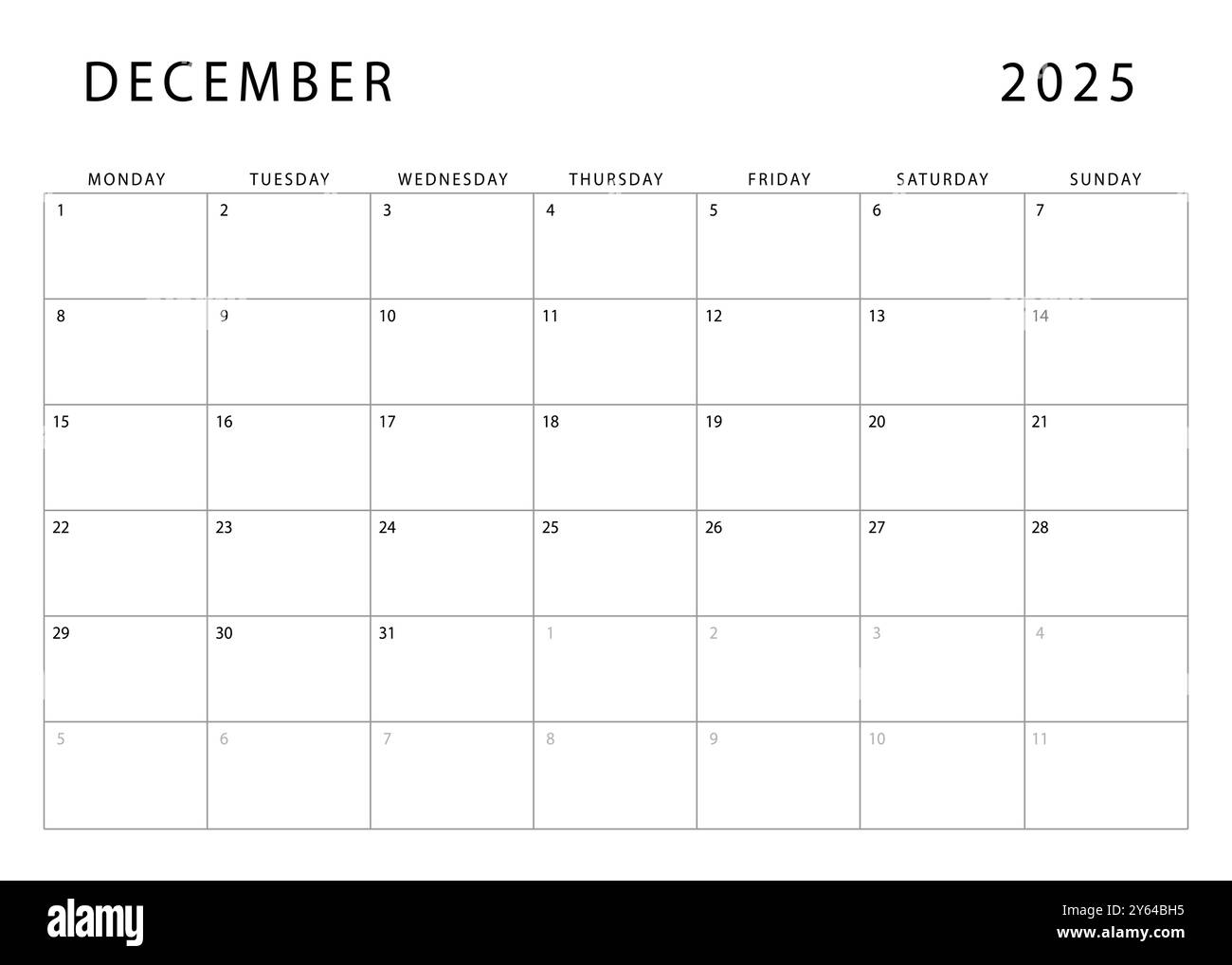 December 2025 calendar. Monthly planner template. Monday start. Vector design Stock Vector Image