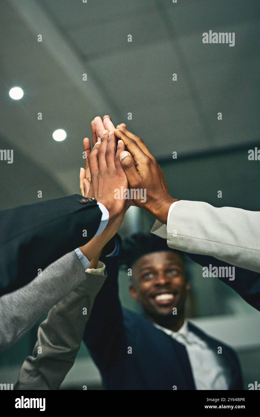 Business people, high five and hands together for teamwork, low angle ...