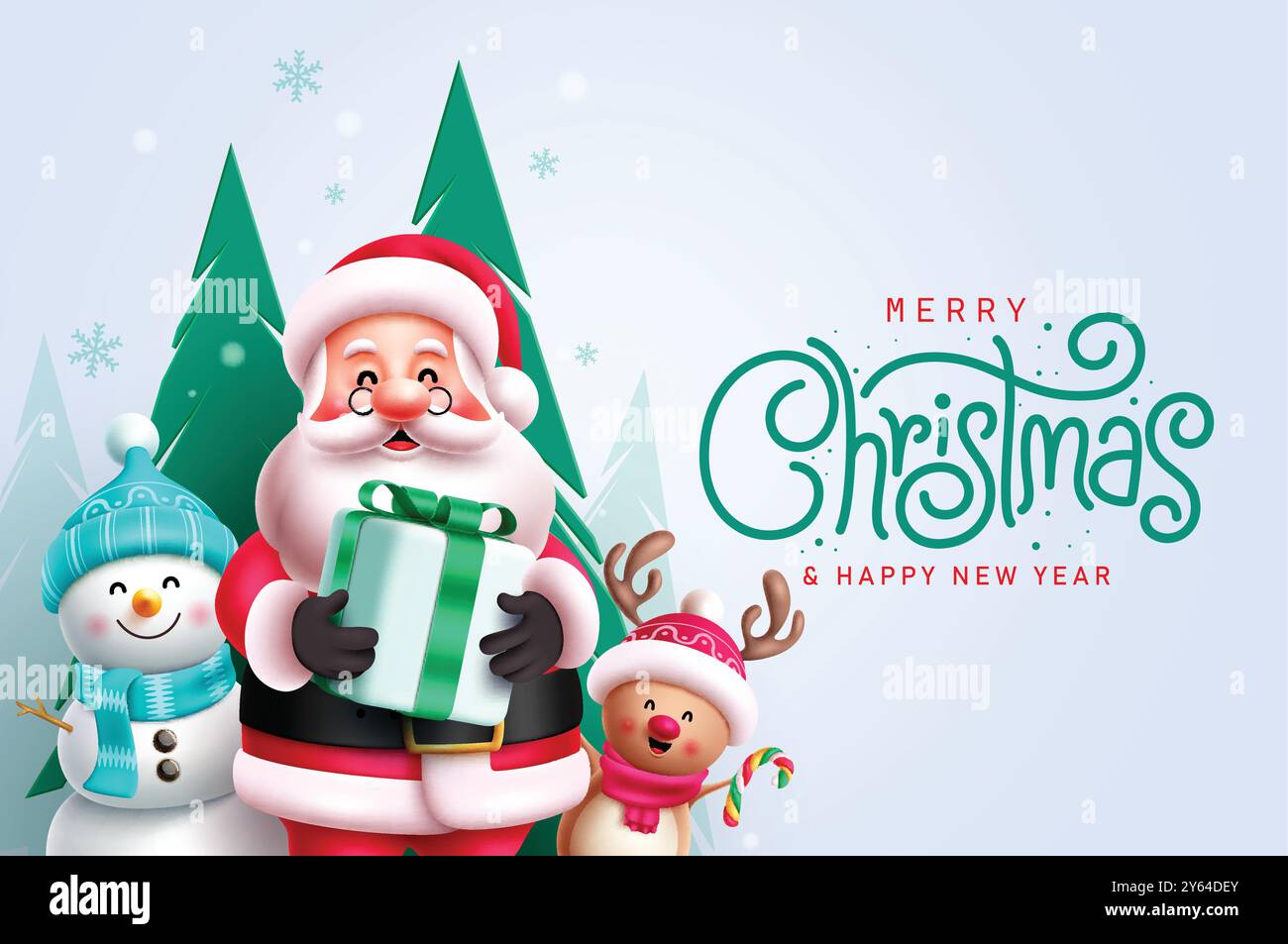 Merry christmas greeting vector template design. Christmas greeting text in paper cuts blue pine trees background with santa claus holding gift box Stock Vector