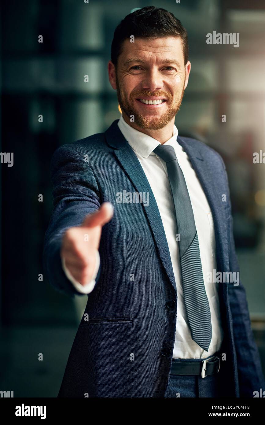 Happy Introduction Smile, portrait and businessman with handshake offer for welcome ...