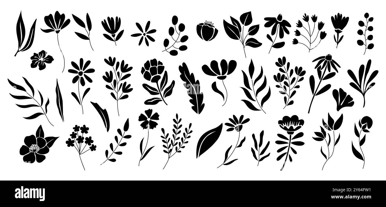 Set of flower and leaves silhouettes on white Stock Vector Image & Art ...