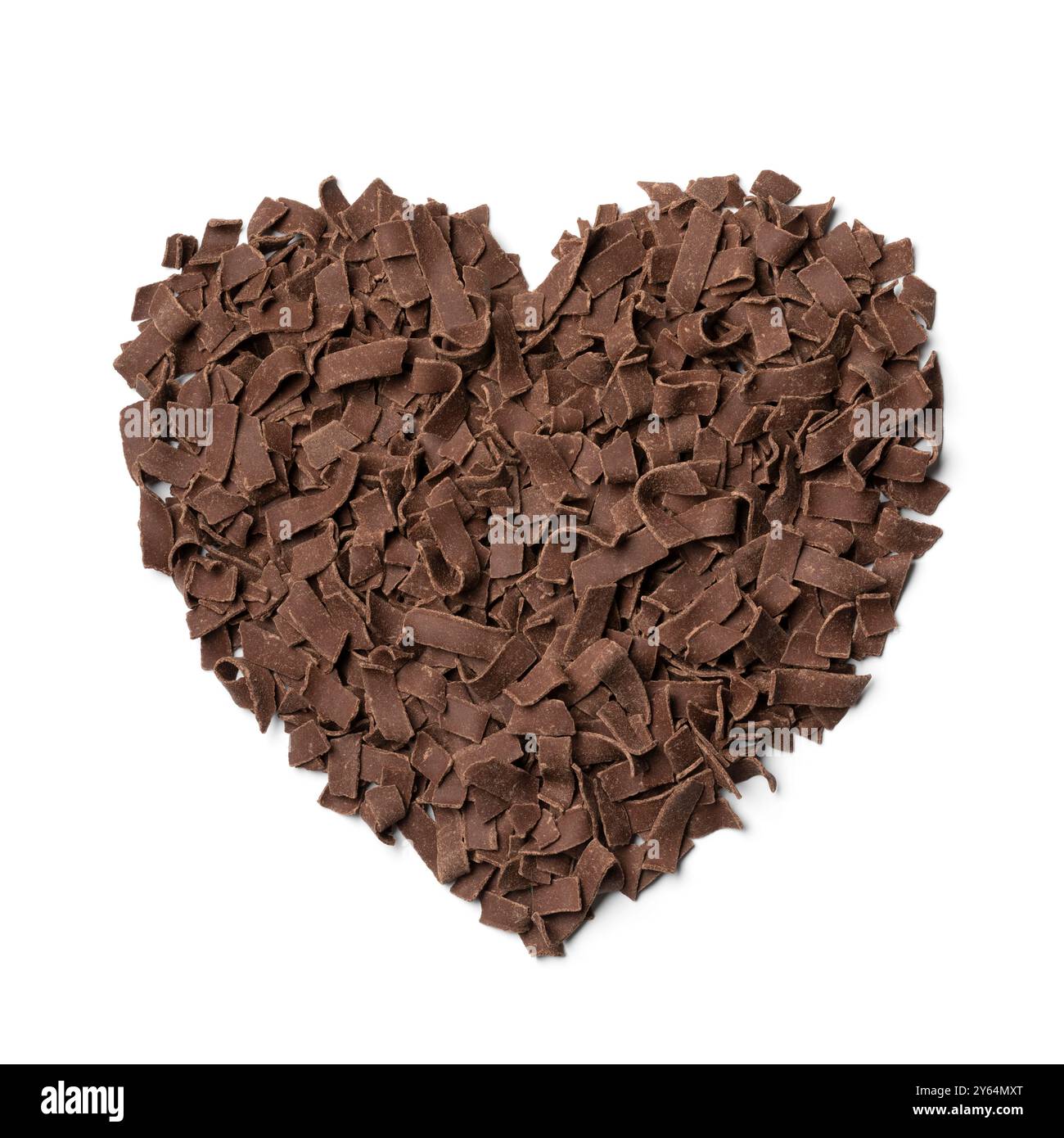 Heartshape of pure Chocolate flakes isolated on white background close up Stock Photo