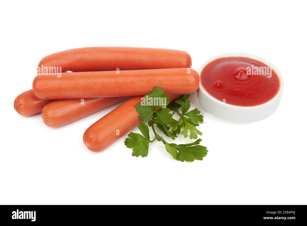 Fresh sausages with parsley leaves isolated on white background Stock Photo