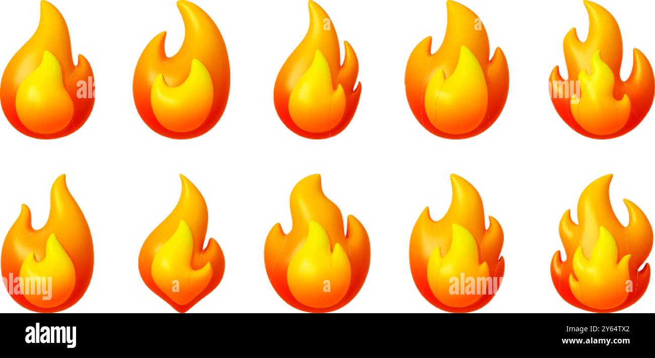 Cartoon 3d fire. Fires symbols, plastic style render elements. Orange red flames, gas energy power logos. Isolated hot emblems, pithy vector Stock Vector