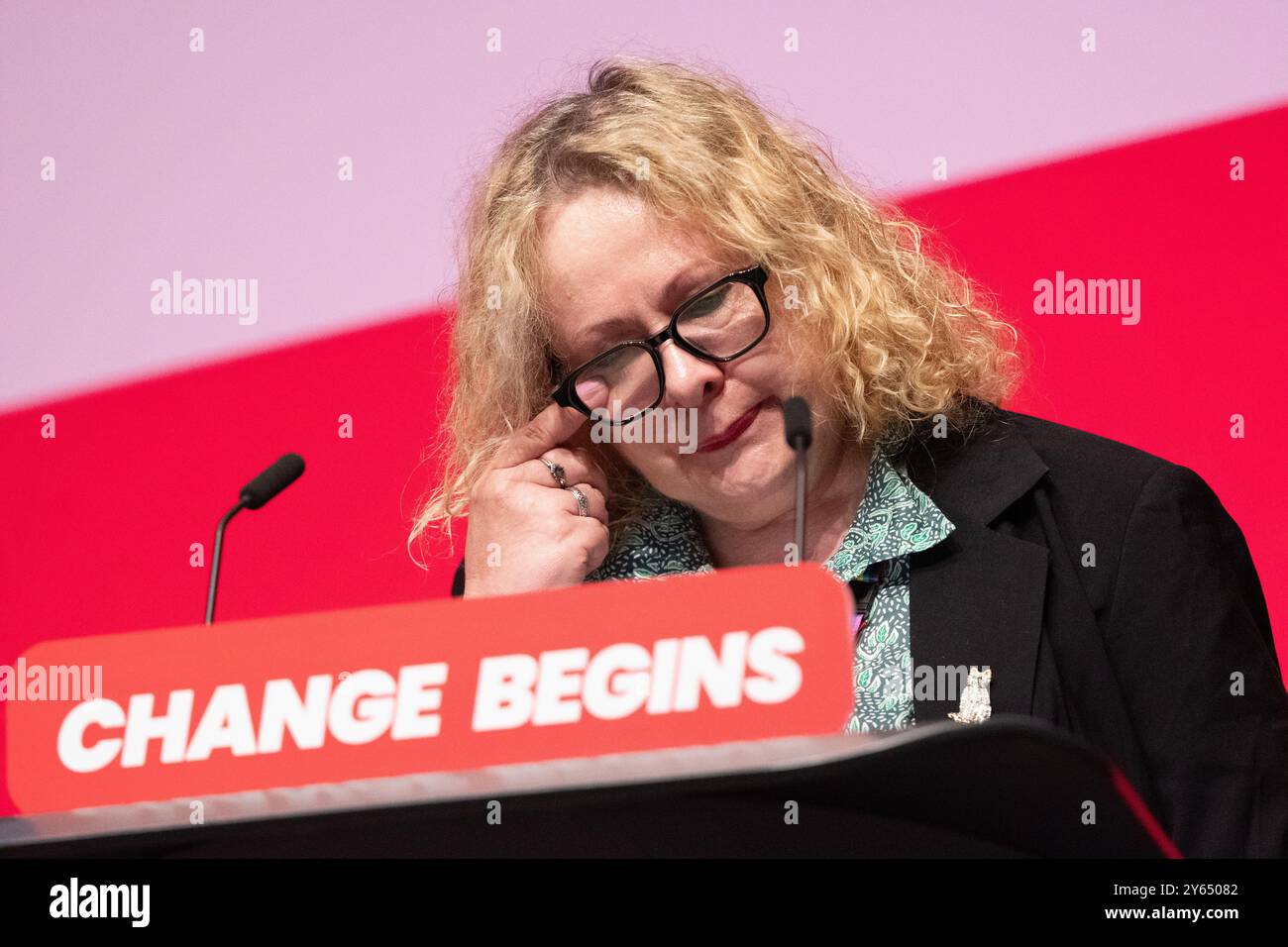 Liverpool, UK. 24th Sep, 2024. Sonya Howard UNISON NEC moved to tears over Grenfell Tower Liverpool Labour conference UK. Sonya repeatedly wiped away tears and was consolled by the conference chair . Liverpool UK. Picture: garyroberts/worldwidefeatures.com Credit: GaryRobertsphotography/Alamy Live News Stock Photo