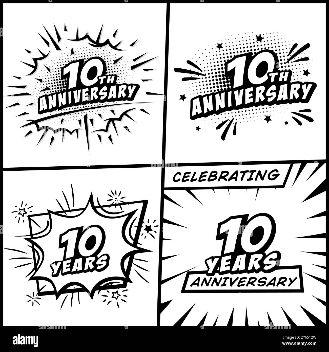 10 years anniversary logo collection. 10th years anniversary celebration comic logotype. Pop art style vector and illustration. Stock Vector