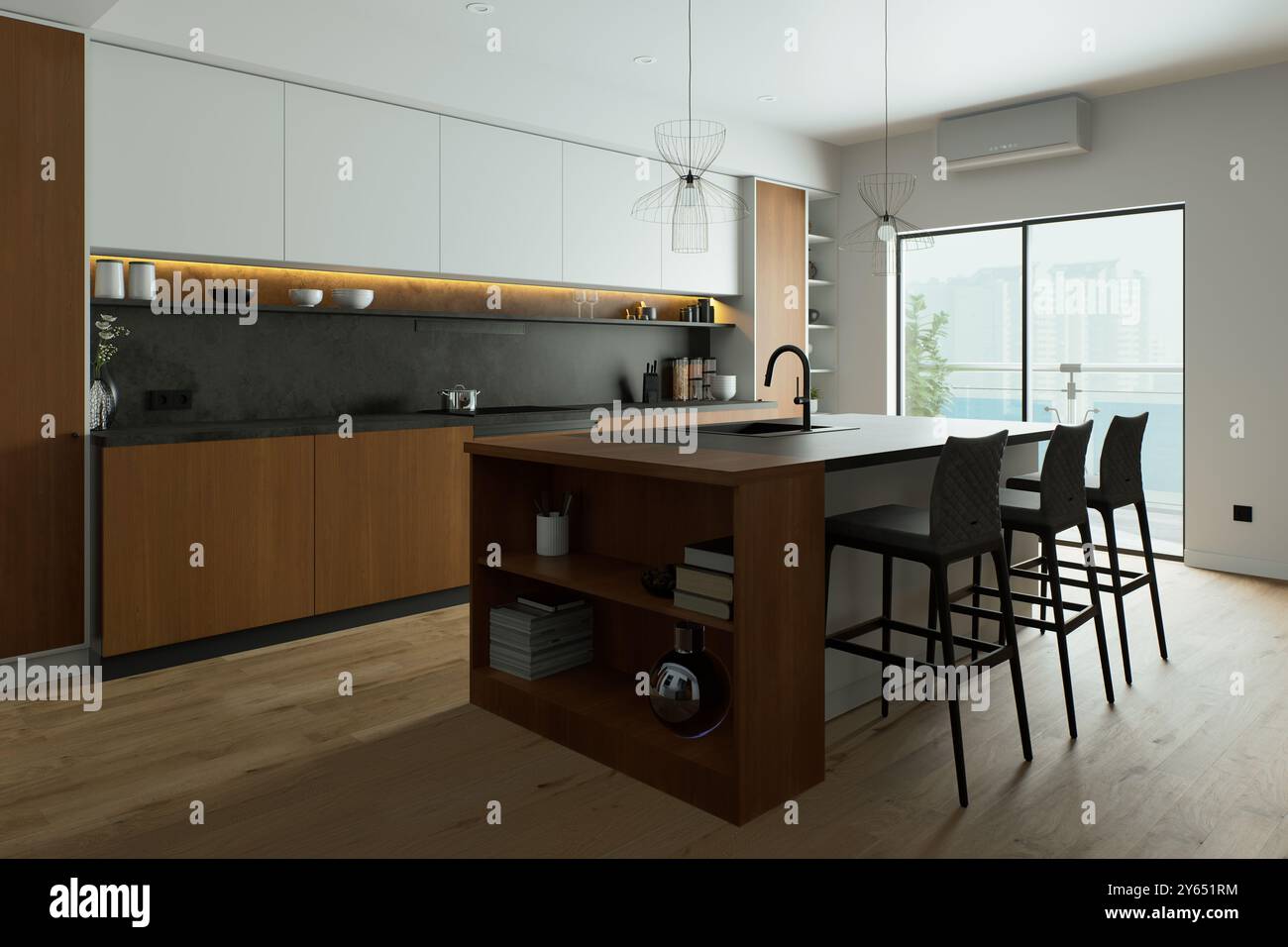 Modern kitchen interior with beautiful wood and stone finishes for an ...