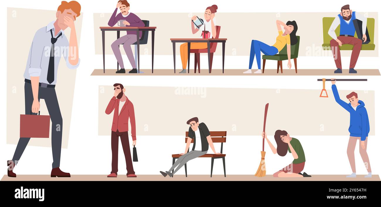 Lazy people. Overworked sleepy tired characters exact vector concept illustrations with tired persons Stock Vector