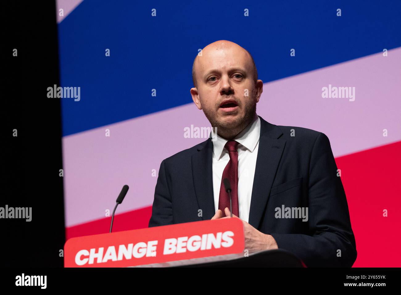 Liverpool, UK. 24th Sep, 2024. Joe Powell MP, MP for Kensington and Bayswater, speaks about Grenfell.  Liverpool UK Credit: GaryRobertsphotography/Alamy Live News Stock Photo
