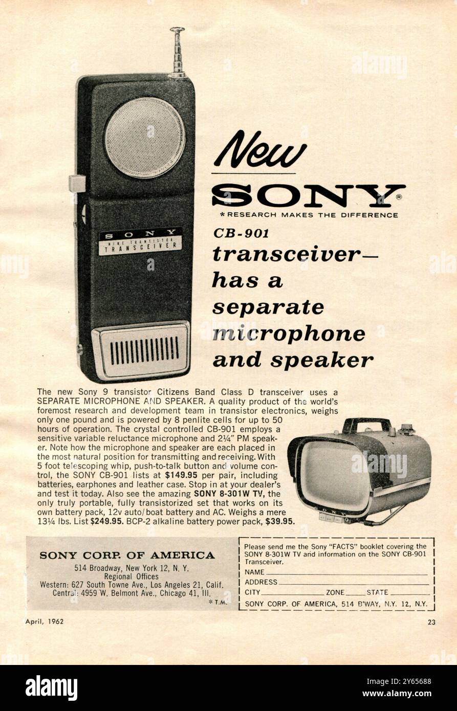 A 1962 American magazine advertisement for a Sony CB-901 Nine Transistor Transceiver, more commonly known as a CB radio. Also advertised is the Sony 8-301W compact portable black and white TV or television. This advertisement appeared just  four years after the Sept. 1958, establishment by the FCC in the USA of a special class of Citizens Radio Service later known as the Citizens Band Service Stock Photo