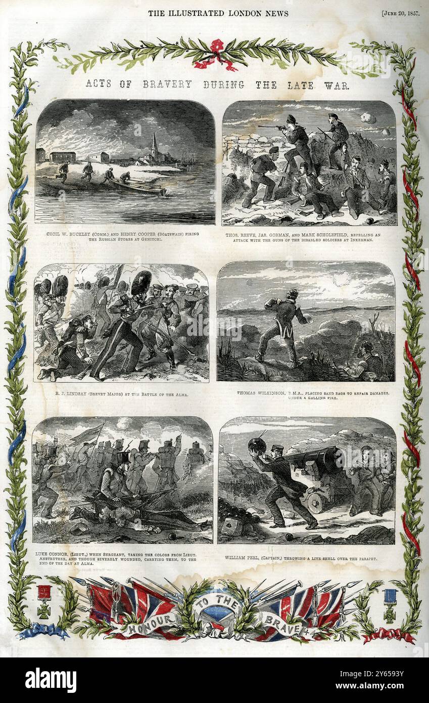 Victoria Cross - The new order of valour for the navy Illustrations of some of the first recipients of the VC for deeds in the Crimean War.  Illustrated London News - 20 June 1857 Stock Photo