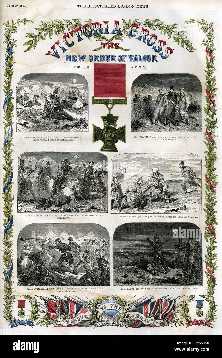 Victoria Cross - The new order of valour for the army Illustrations of some of the first recipients of the VC for deeds in the Crimean War.  Illustrated London News - 20 June 1857 Stock Photo