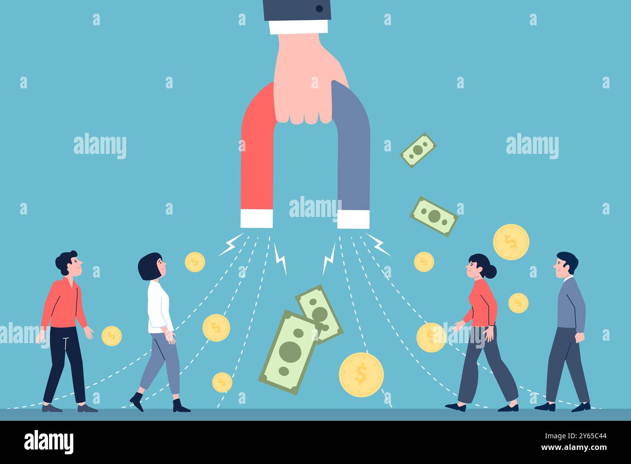 Attracting customers and money. Hand holding magnete and attracts consumers. Marketing, business strategy, digital traffic and service recent vector Stock Vector
