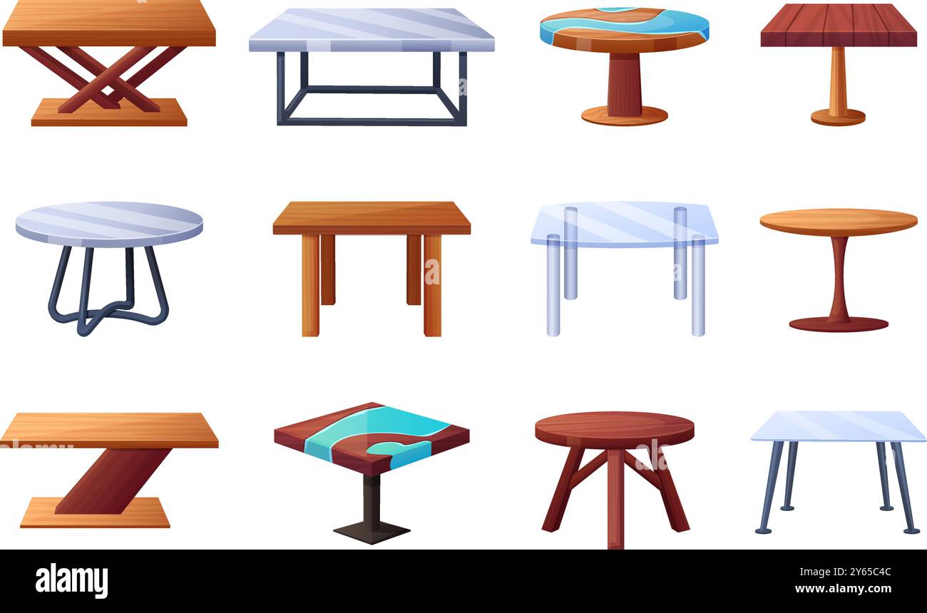 Cartoon home tables. Wood glass table, metal desk for home interior ...