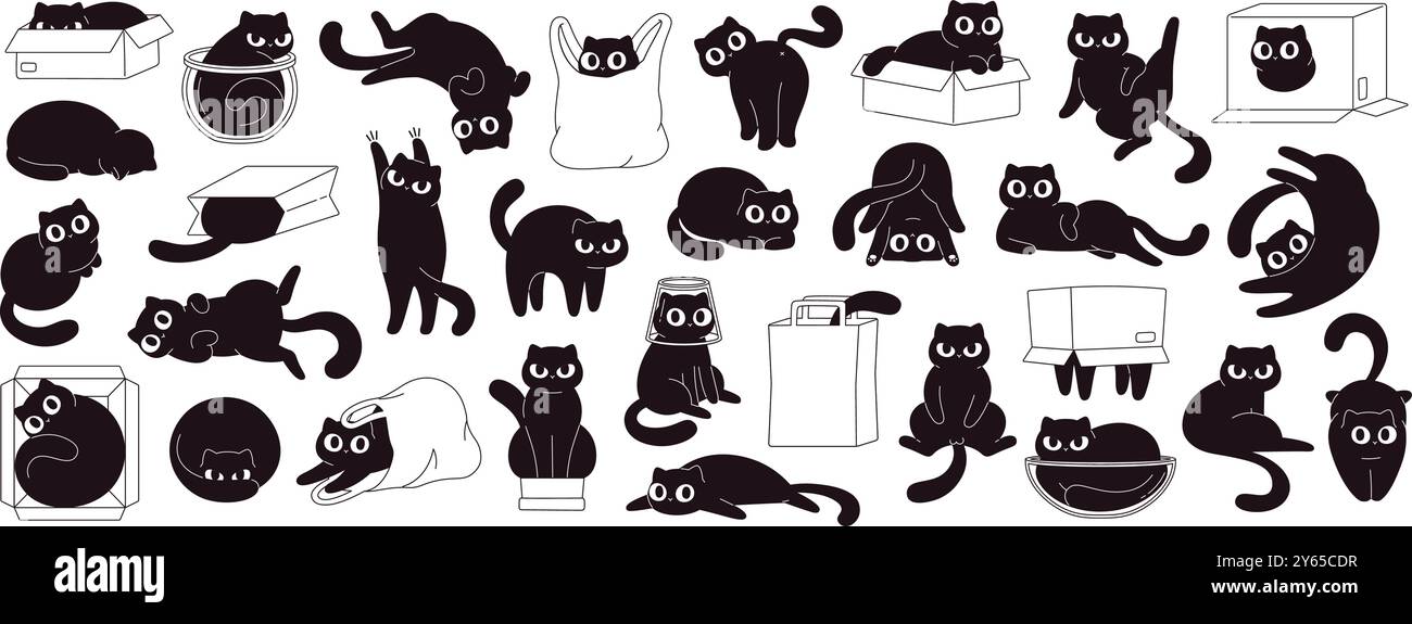 Black cats play with cardboard boxes plastic and shopping bags. Cat is misbehaving and playing around, crazy funny fluffy kittens racy vector clipart Stock Vector