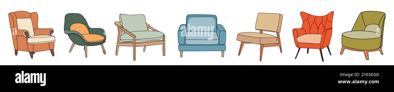 Set different vintage mid century modern armchairs Stock Vector