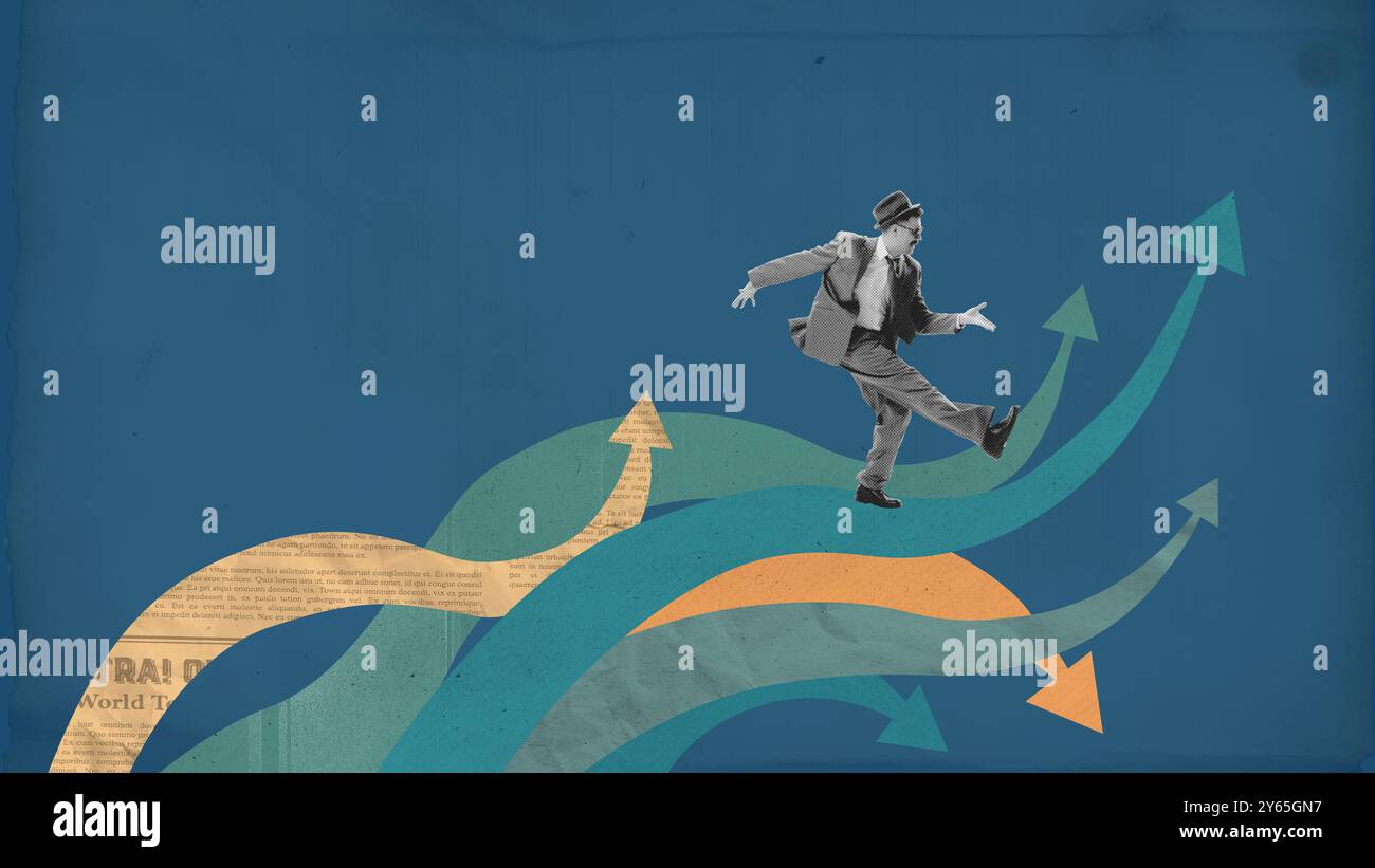 Man walking confidently on arrows pointing upwards, symbolizing ...