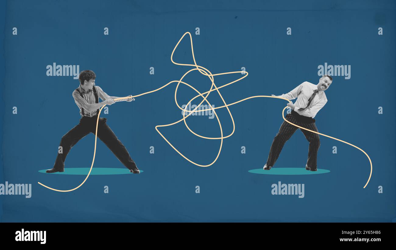 Two men tugging opposite ends of tangled rope, symbolizing tension and ...