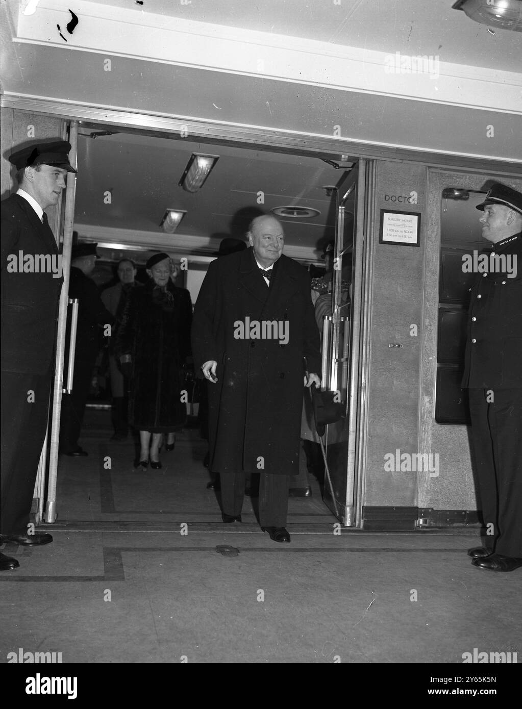 Mr Churchill Boards Ship Queen Mary For USA .  Prime Minister , Winston Churchill tonight boarded the liner Queen Mary in readiness for tomorrow ' s sailing to New York .  In Mr Churchill ' s party is Mrs Churchill , their youngest daughter , Mrs Soames and her husband Captain Christopher Soames , Member of Parliament for Bedford .   The Premier will have informal talks with Mr  Dwight D Eisenhower ,  America ' s President elect , and will pay a farewell visit to President Truman in Washington before going on to spend about a fortnight in Jamaica   . Here Premier Winston Churchill boards the Q Stock Photo